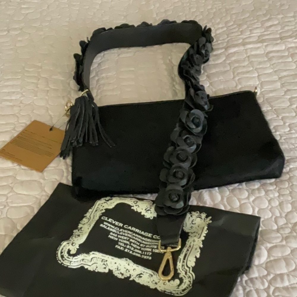 NEW-Clever Carriage Artisan Handcrafted Black Crossbody with Leather Rose Strap